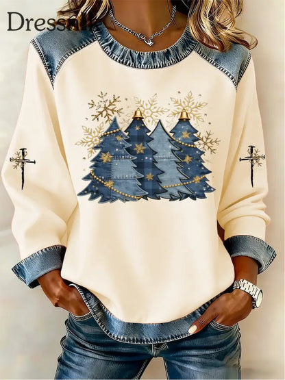 Damen Kreuz druck Casual Denim Patchwork Top Aprikose / S