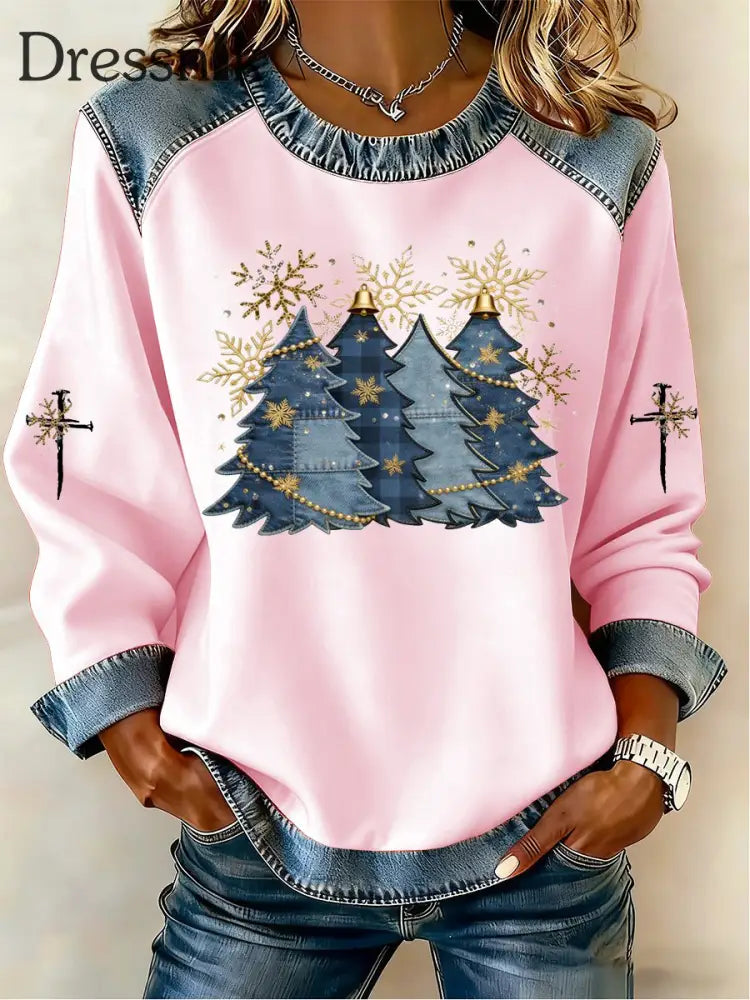 Damen Kreuz druck Casual Denim Patchwork Top Rosa / S