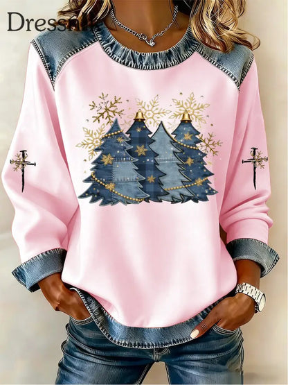 Damen Kreuz druck Casual Denim Patchwork Top Rosa / S