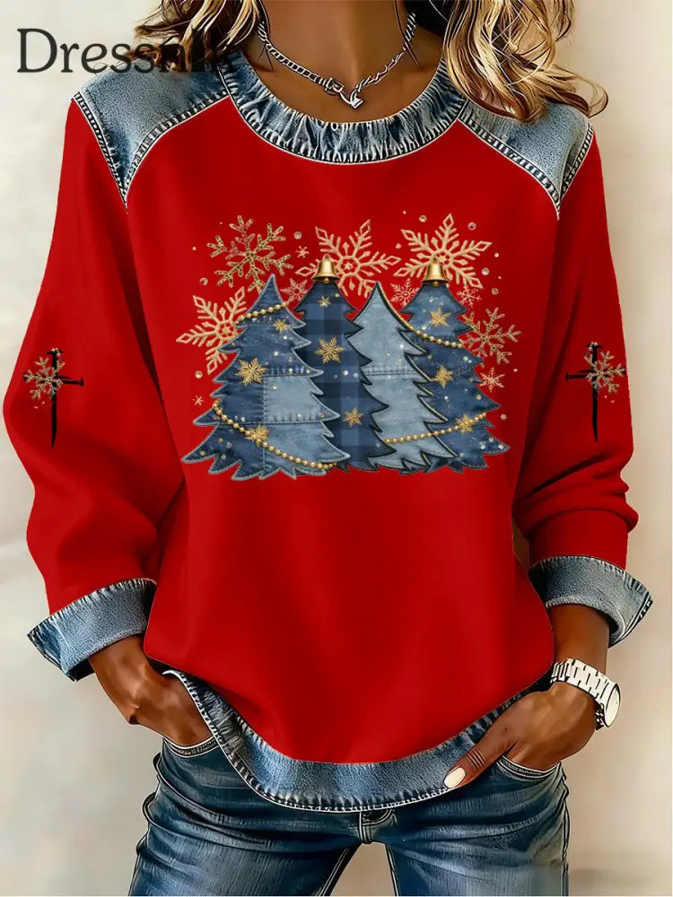 Damen Kreuz druck Casual Denim Patchwork Top Rot / S