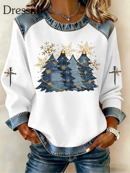 Damen Kreuz druck Casual Denim Patchwork Top Weiß / S