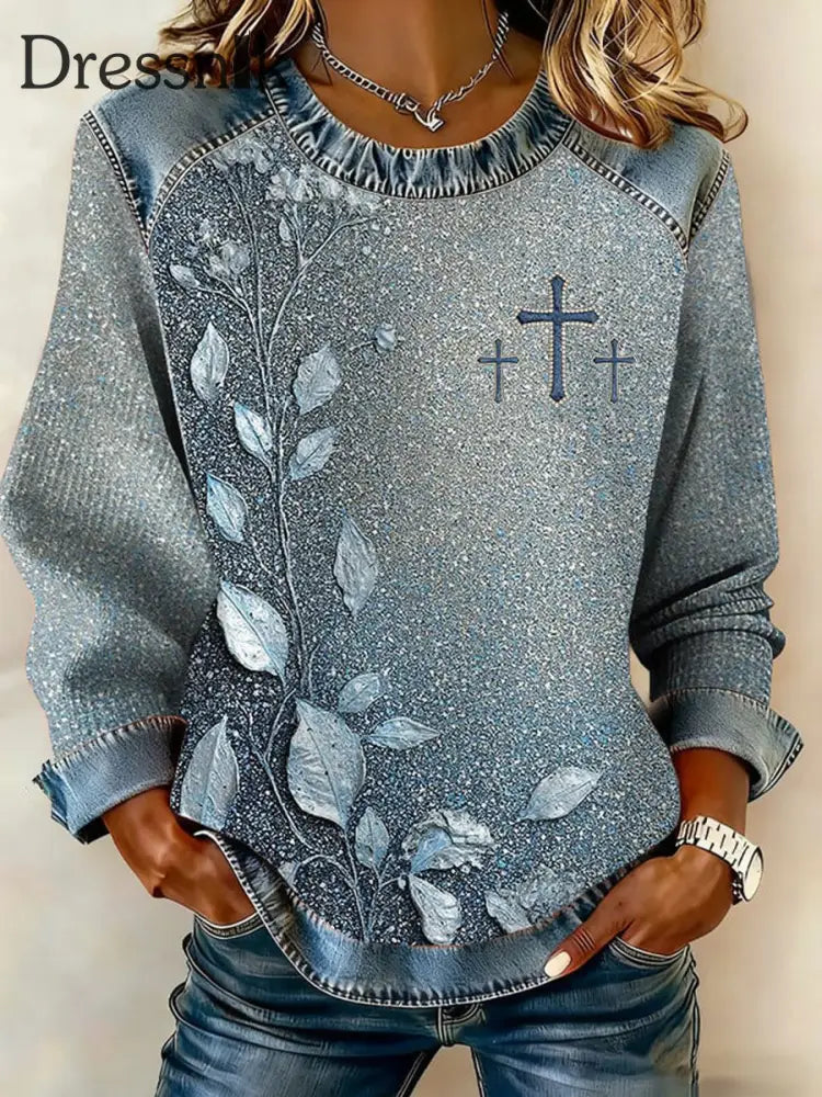 Damen-Kreuz druck oberteil blau / S