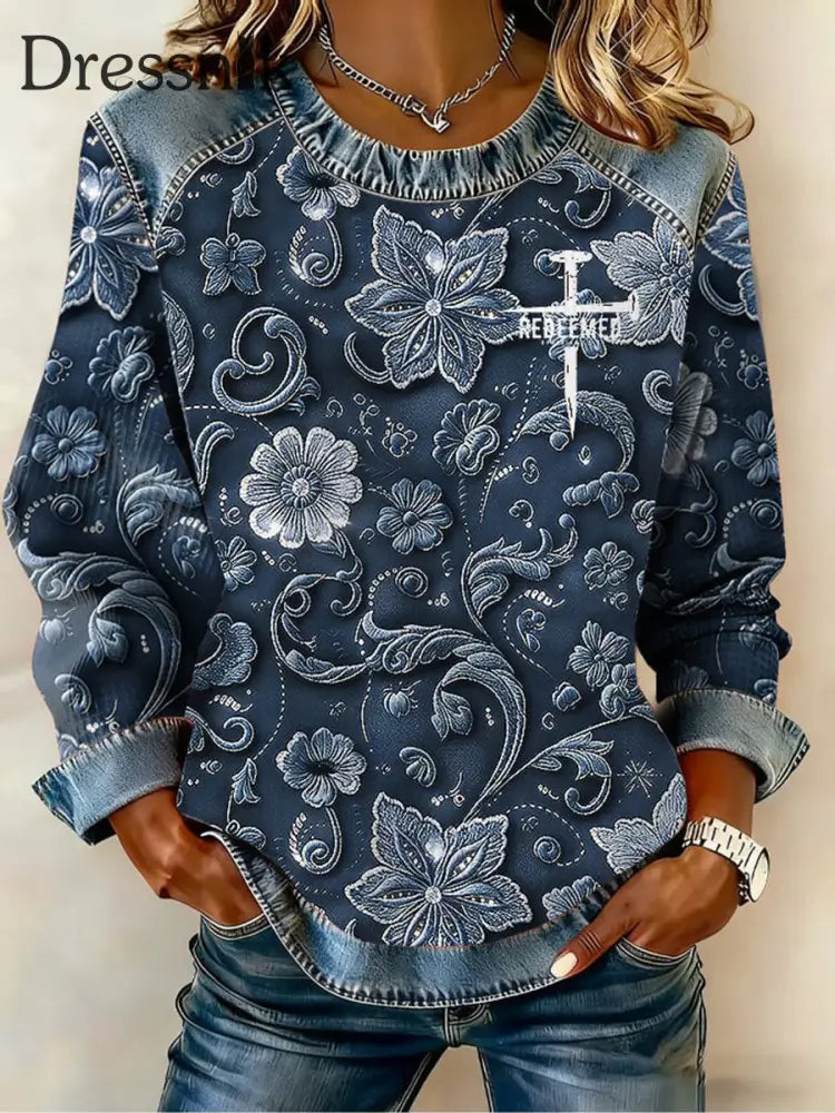 Damen-Kreuz druck oberteil Blau / S