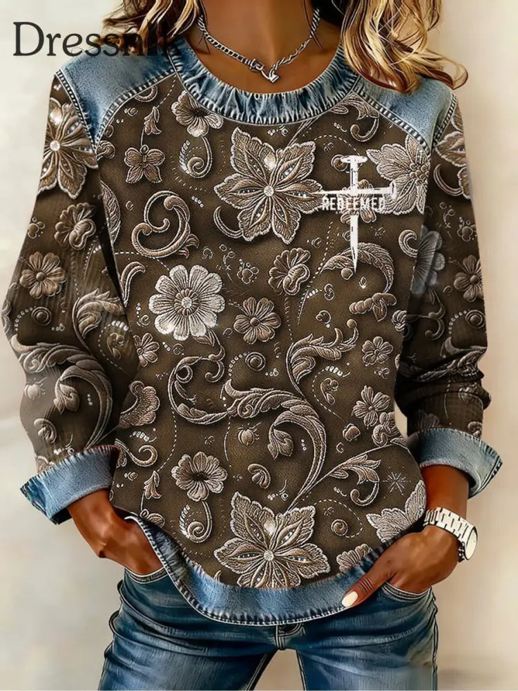 Damen-Kreuz druck oberteil Braun / S