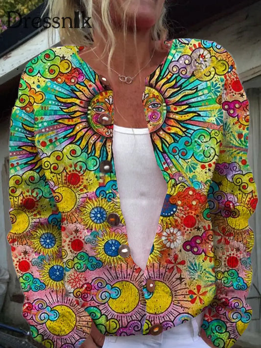 Damen-Kunst-Hippie-Print-Strickjacke Mit V-Ausschnitt Und Langen Ärmeln Gestrickt A / S