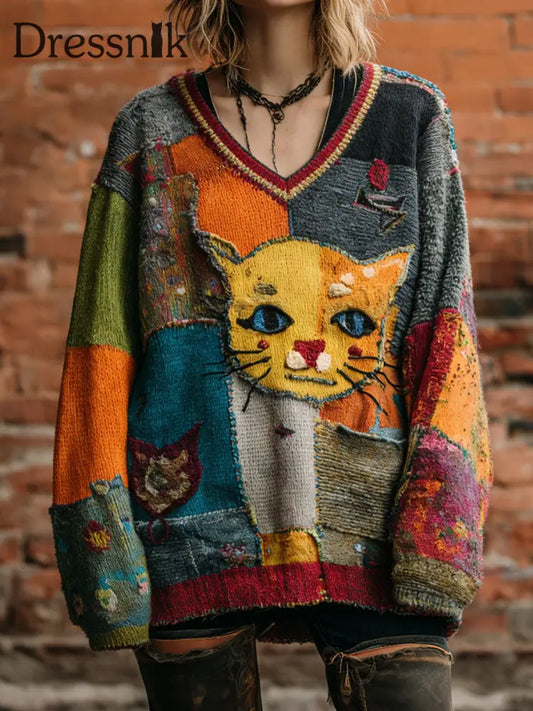 Damen-Kunst katze Retro-Oberteile mit V-Ausschnitt als bild / S