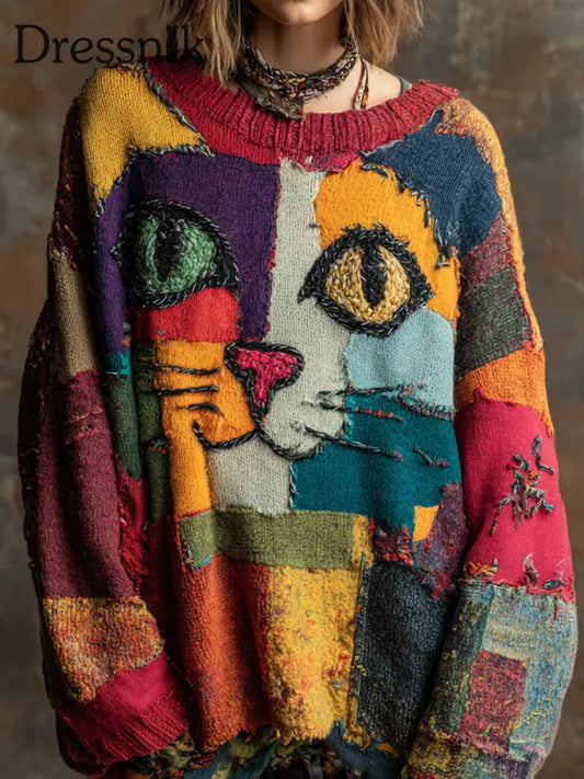 Damen Kunst Katze Vintage Tops als bild / S