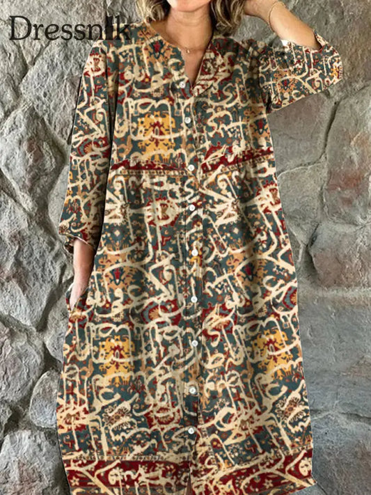 Damen-Kunstdruck Vintage-Muster Elegantes Und Schickes Dreiviertel-Ärmel-Midi-Kleid Mit