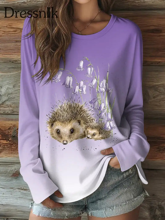 Damen Langarm T Shirt mit Igel druck Lila / S