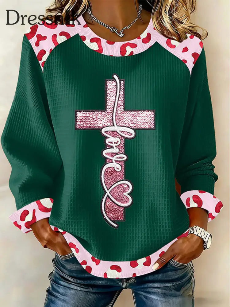 Damen Liebe Kreuz druck Casual Top Grün / S