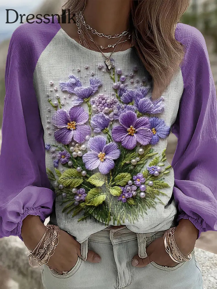 Damen Lila Flora Kunstdruck V Ausschnitt Kleid als bild / S