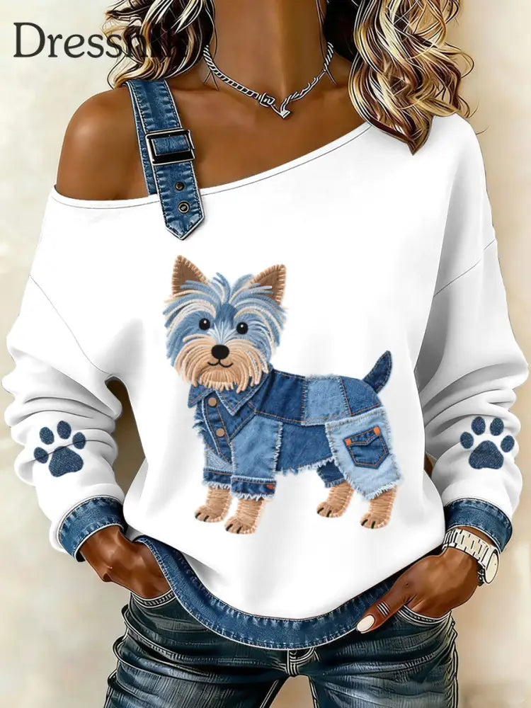 Damen Lovely Yorkshire Terrier Muster Denim Patchwork Top Weiß / S
