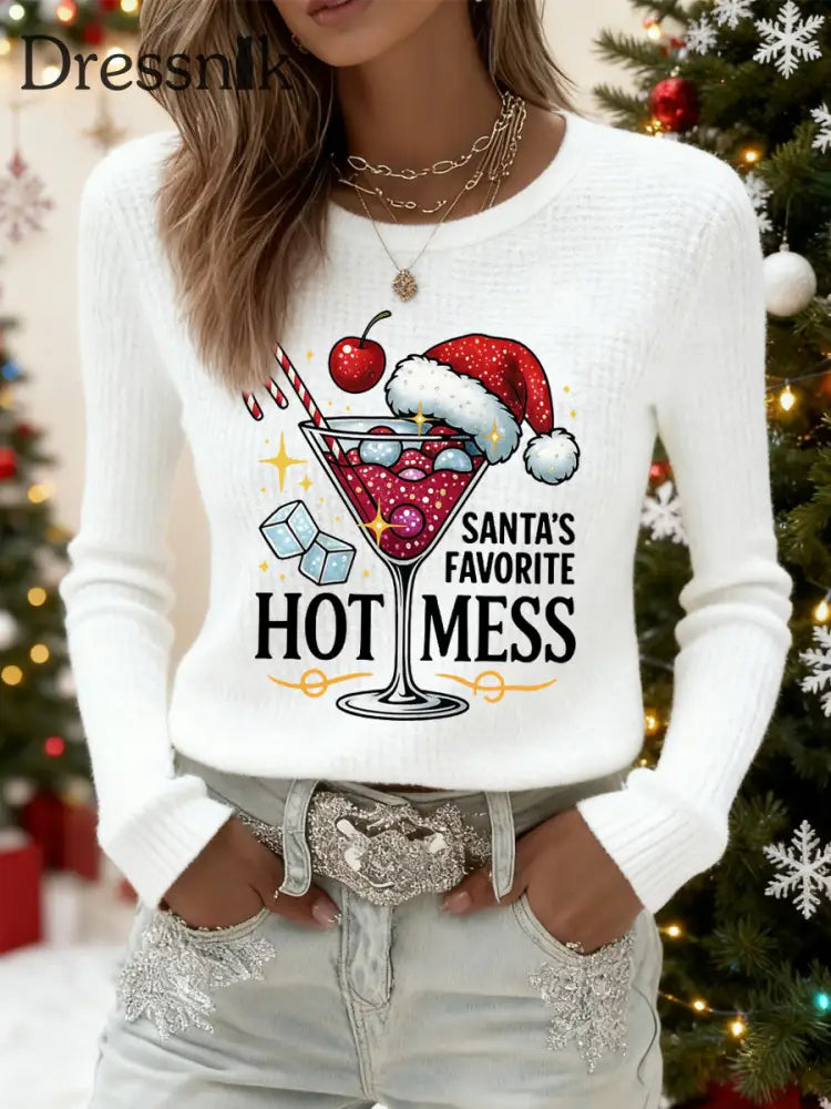 Damen Lustige Weihnachten Santa’s Lieblings heißes Durch das lässige Waffel-Langarm-Top Weiß / S