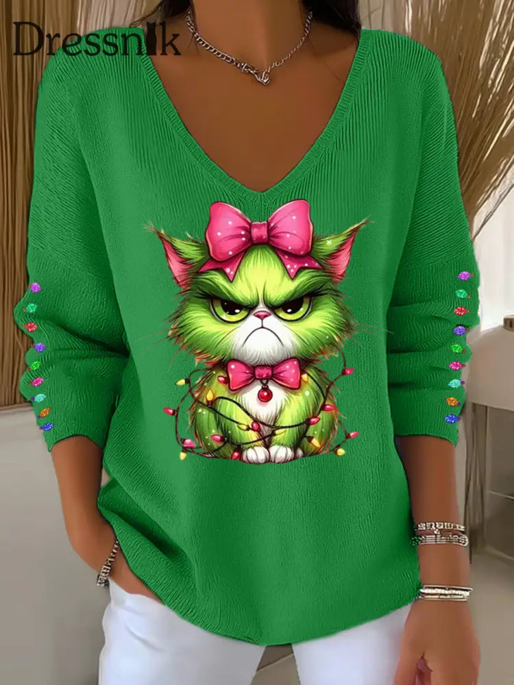 Damen Lustiges Weihnachts-Grinch Cta Print Lässiges Langarm-Top Grün / S