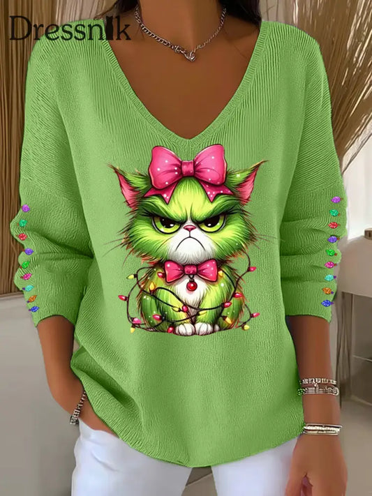 Damen Lustiges Weihnachts-Grinch Cta Print Lässiges Langarm-Top Hellgrün / S