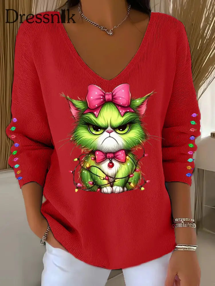 Damen Lustiges Weihnachts-Grinch Cta Print Lässiges Langarm-Top Rot / S