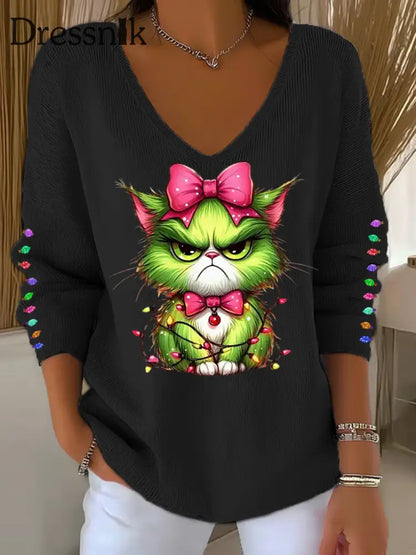 Damen Lustiges Weihnachts-Grinch Cta Print Lässiges Langarm-Top Schwarz / S