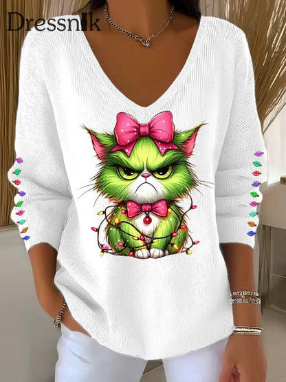 Damen Lustiges Weihnachts-Grinch Cta Print Lässiges Langarm-Top Weiß / S