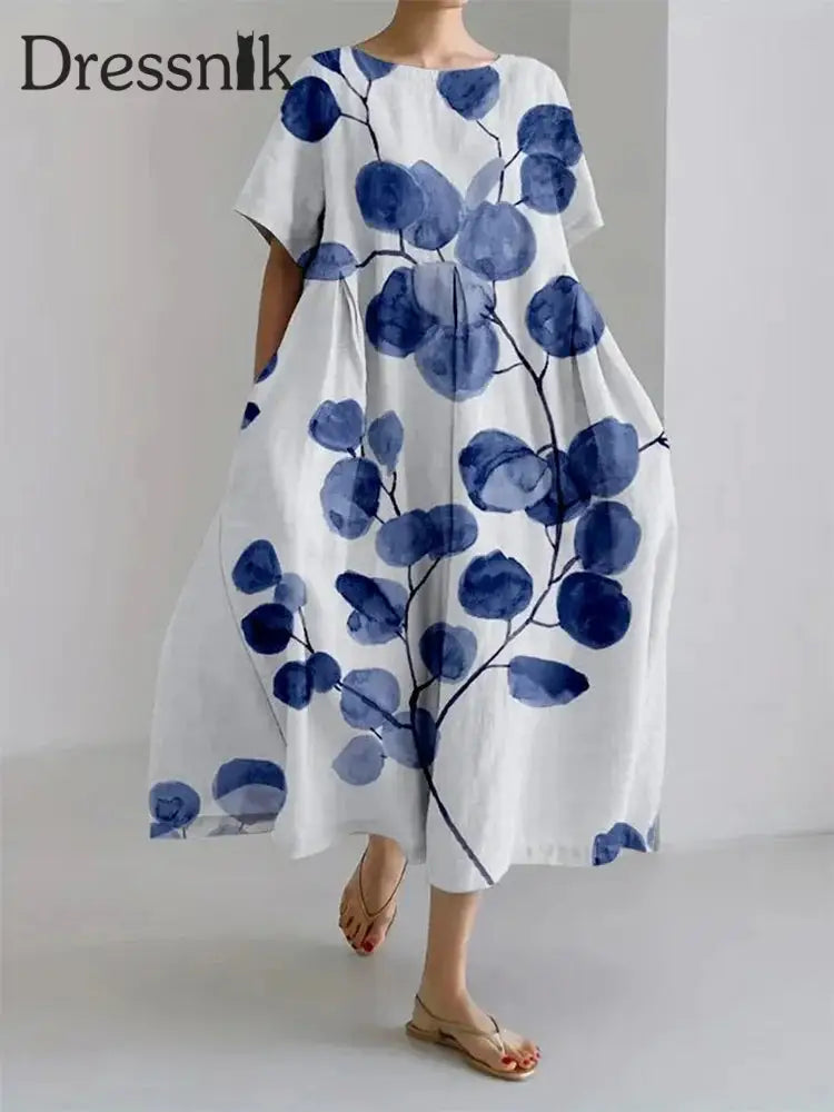 Damen-Maxi kleider mit Rundhals druck blau / S