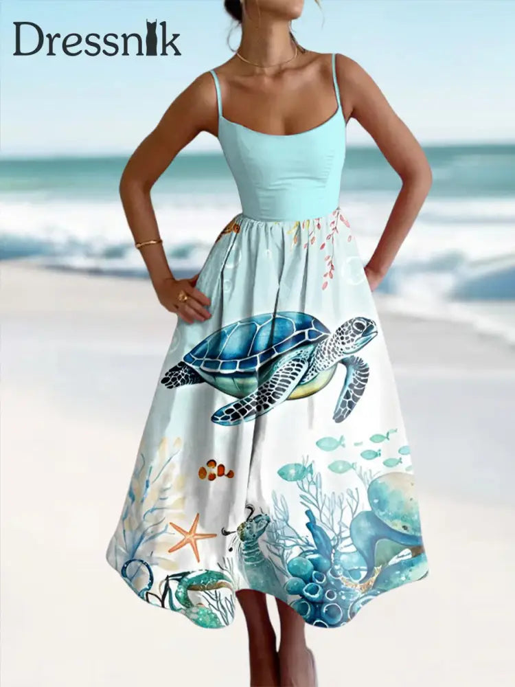 Damen-Meeres schildkröten druck Strand urlaub Hosenträger kleid blau / S