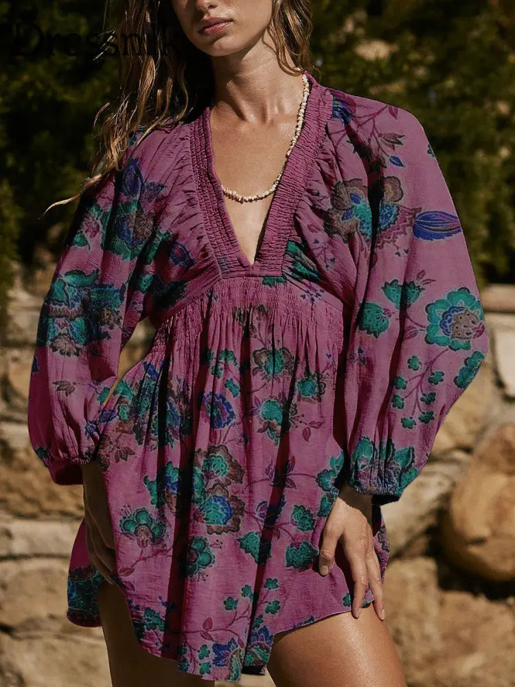 Damen-Mini kleid mit V-Ausschnitt und Blumen druck aus Baumwolle im böhmischen Stil bunt / S
