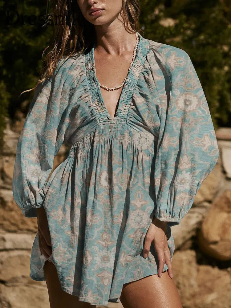 Damen-Mini kleid mit V-Ausschnitt und Blumen druck aus Baumwolle im böhmischen Stil bunt / S
