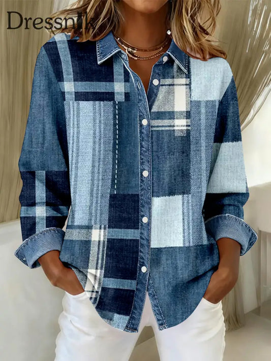 Damen Mode Denim Patchwork Kunst Freizeit hemd als bild / S