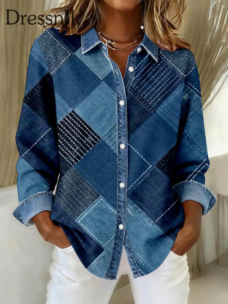 Damen Mode Denim Patchwork Kunst Freizeit hemd als bild / S