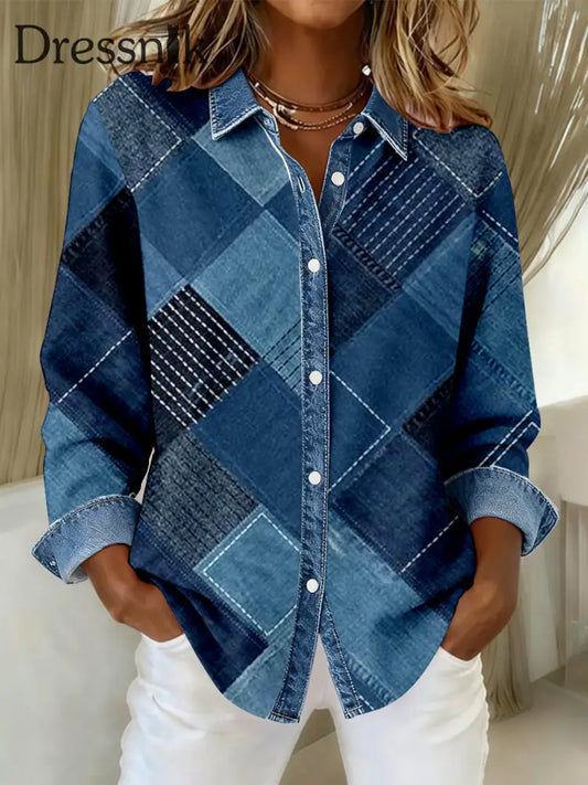 Damen Mode Denim Patchwork Kunst Freizeit hemd als bild / S