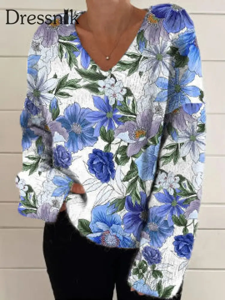 Damen Mode Elegant Künstlerische Blumen Druck Langarm V-Ausschnitt Strick Pullover A / S