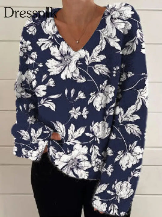 Damen Mode Elegant Künstlerische Blumen Druck Langarm V-Ausschnitt Strick Pullover A / S