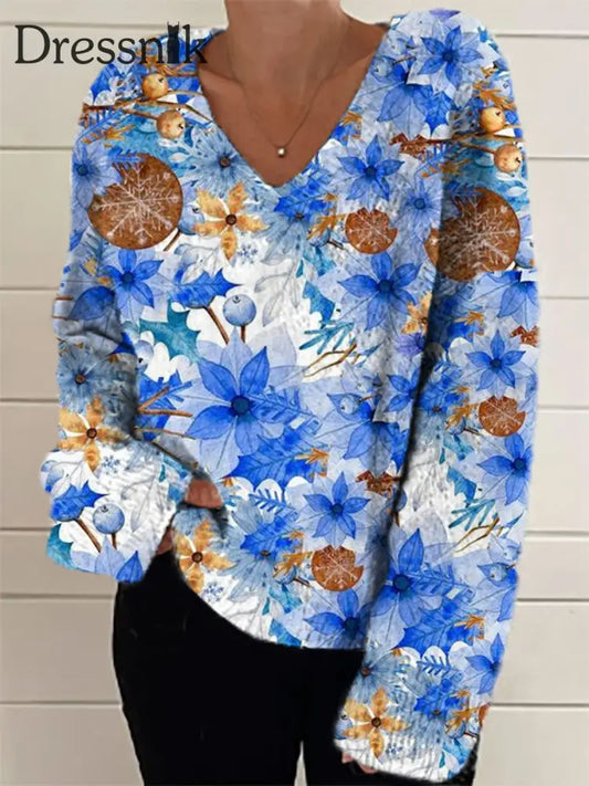 Damen Mode Elegant Künstlerische Blumen Druck V-Ausschnitt Pullover A / S