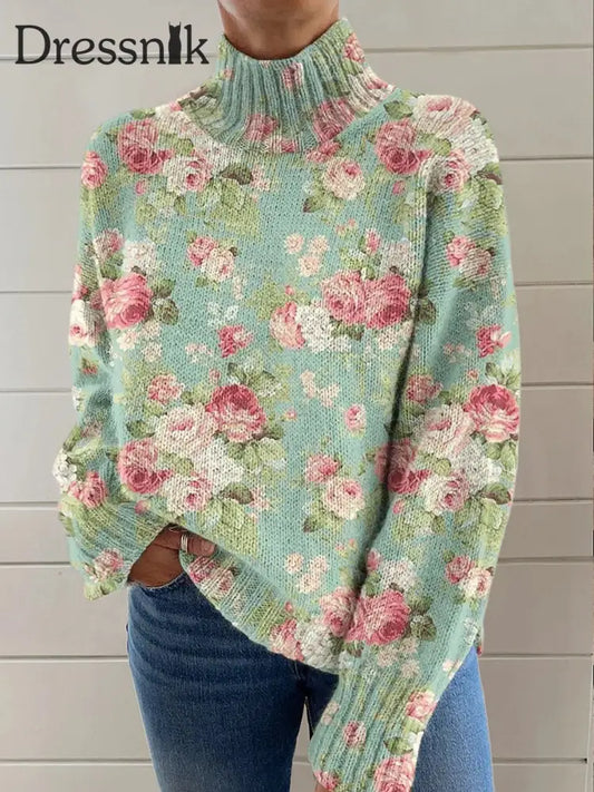 Damen Mode Elegante Kunst Blumen Druck Langarm Roll Kragen Pullover A / S