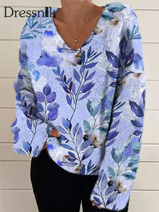 Damen Mode Elegante Kunst Blumen Druck V-Ausschnitt Pullover Top A / S