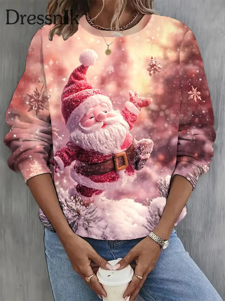 Damen Mode Elegante Weihnachts Kunst Druck Rundhals Langarm Pullover A / S