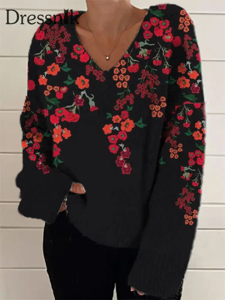 Damen-Mode Eleganter Künstlerischer Blumen Druck V-Ausschnitt Lang Ärmel Iger Strick Pullover A / S