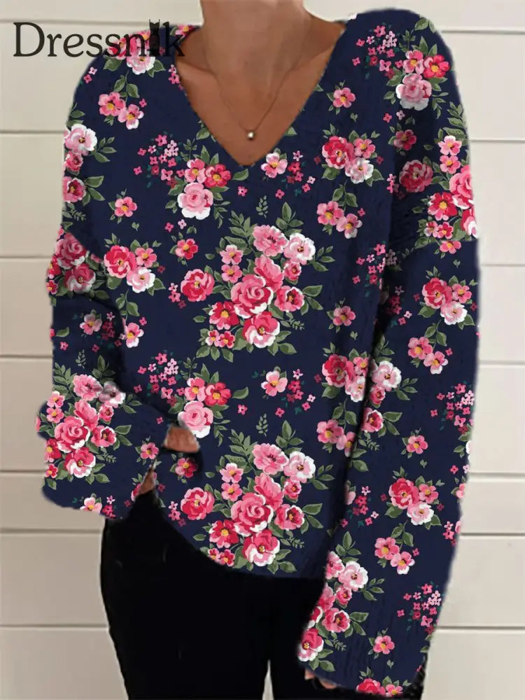 Damen-Mode Eleganter Künstlerischer Blumen Druck V-Ausschnitt Lang Ärmel Iger Strick Pullover A / S