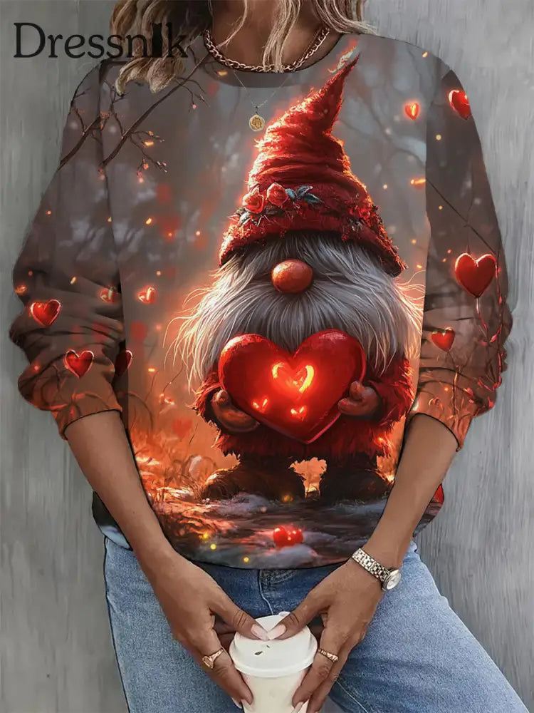 Damen Mode Eleganter Valentinstag Gnome Art Print Rundhals Langarm Pullover A / S