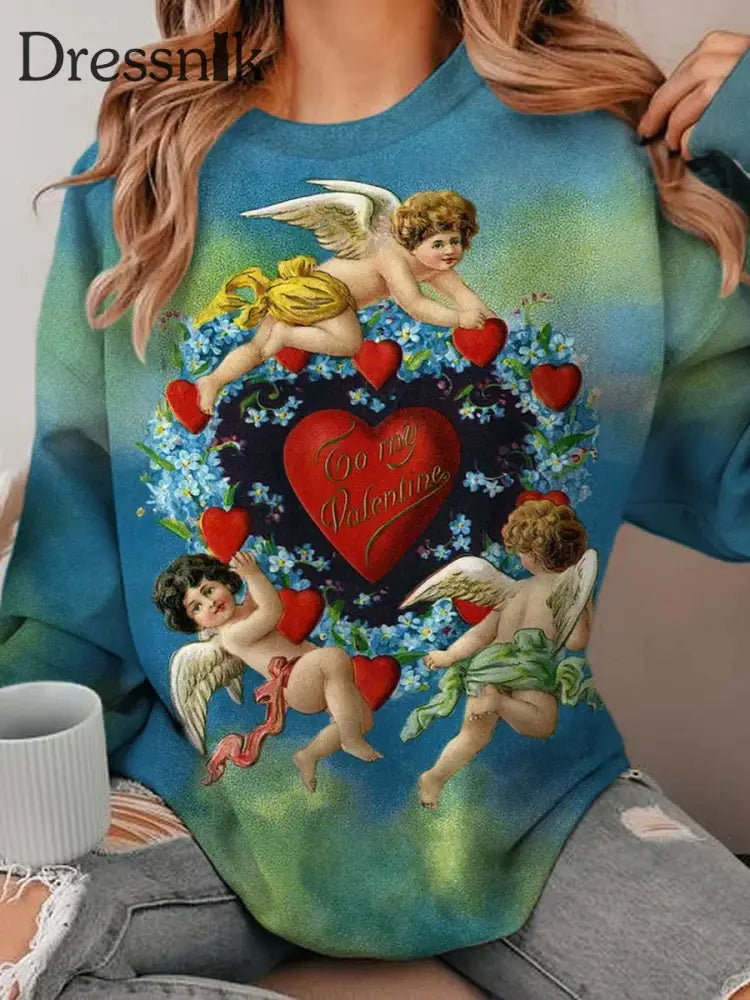 Damen Mode Eleganter Valentinstag Kunstdruck Rundhals Langarm Pullover A / S