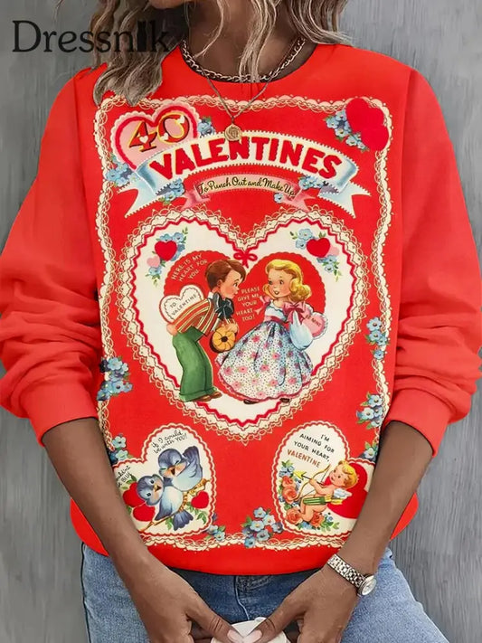 Damen Mode Eleganter Valentinstag Kunstdruck Rundhals Langarm Pullover A / S