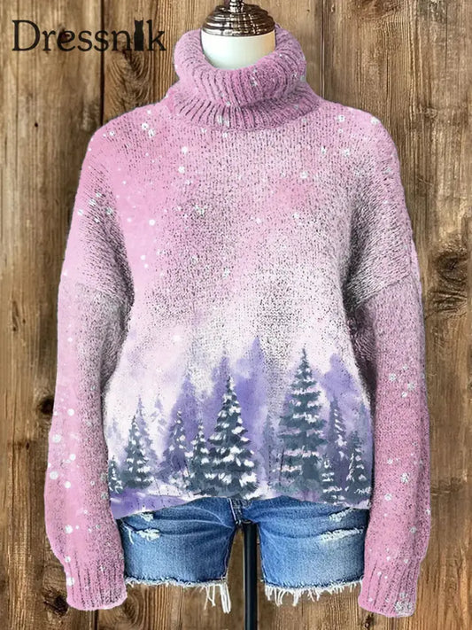 Damen Mode Eleganter Weihnachts Kunstdruck Roll Kragen Pullover Mit Langen Ärmeln A / S