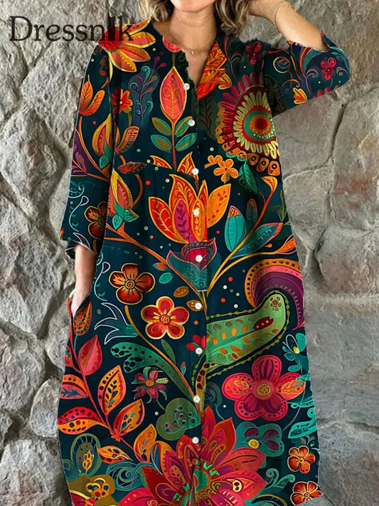 Damen Mode Elegantes Künstlerisches Blumen Druck V-Ausschnitt Dreiviertel Ärmel Iges Midi-Kleid A