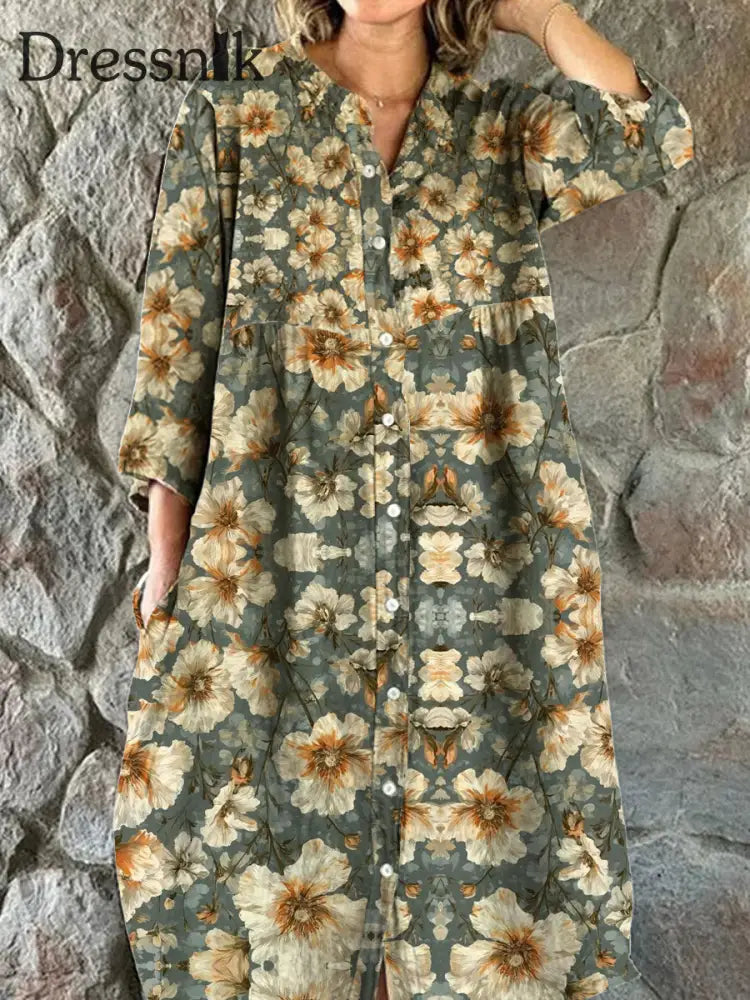 Damen Mode Elegantes Künstlerisches Blumen Druck V-Ausschnitt Dreiviertel Ärmel Iges Midi-Kleid A