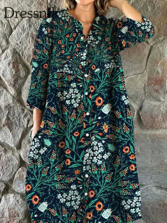 Damen Mode Elegantes Künstlerisches Blumen Druck V-Ausschnitt Dreiviertel Ärmel Iges Midi-Kleid A