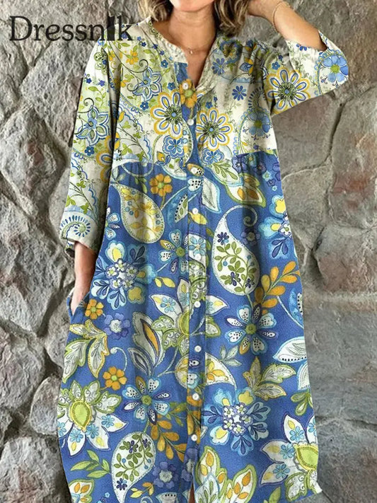 Damen Mode Elegantes Vintage Kunst Blumen Druck V-Ausschnitt Dreiviertel-Ärmel Knopf Midi-Kleid A