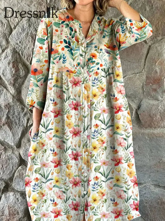 Damen-Mode-Kunst-Blumen Druck V-Ausschnitt Knopf Dreiviertel-Ärmel-Midi-Kleid A / S