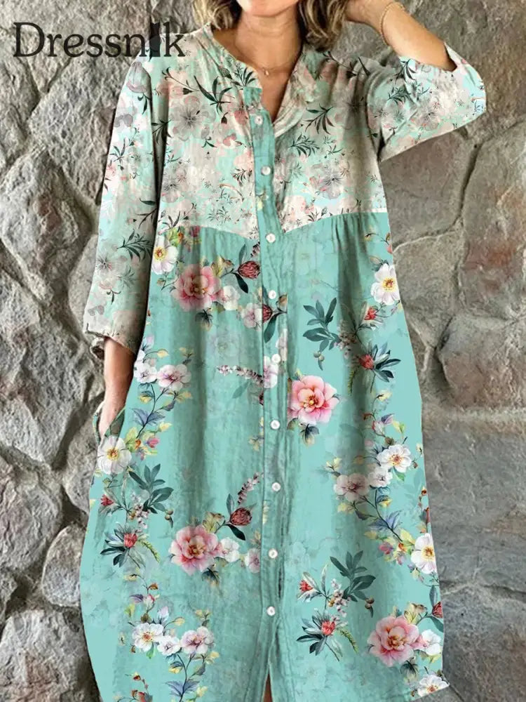 Damen-Mode-Kunst-Blumen Druck V-Ausschnitt Knopf Dreiviertel-Ärmel-Midi-Kleid A / S