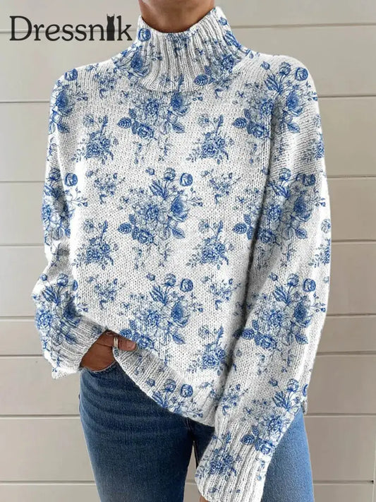 Damen Mode Retro Floral Art Print Roll Kragen Pullover Langarm A / S