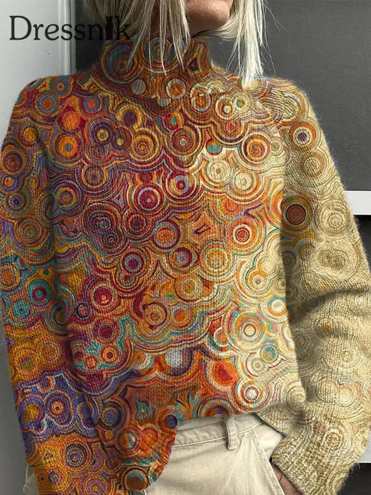 Damen-Mode Retro-Kunstdruck Mit Hohem Ausschnitt Lang Ärmel Iger Pullover A / S