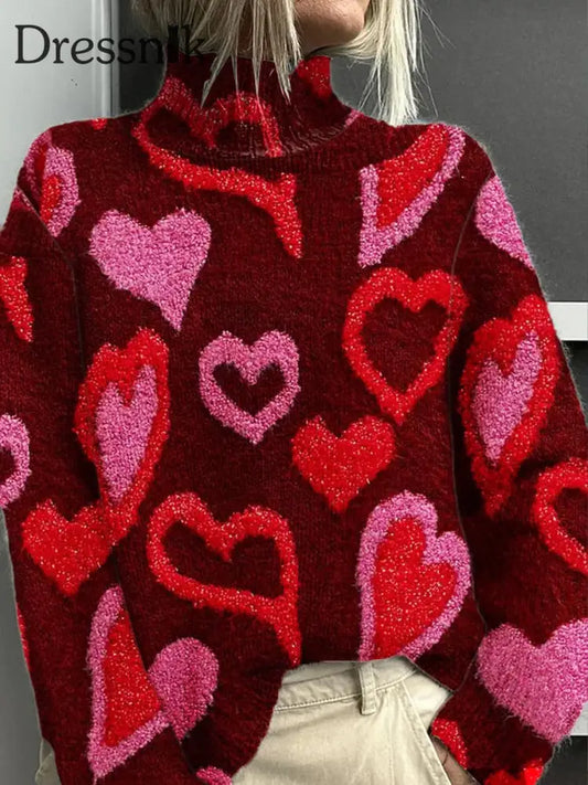 Damen Mode Retro Valentinstag Liebe Kunstdruck Roll Kragen Pullover Langarm A / S